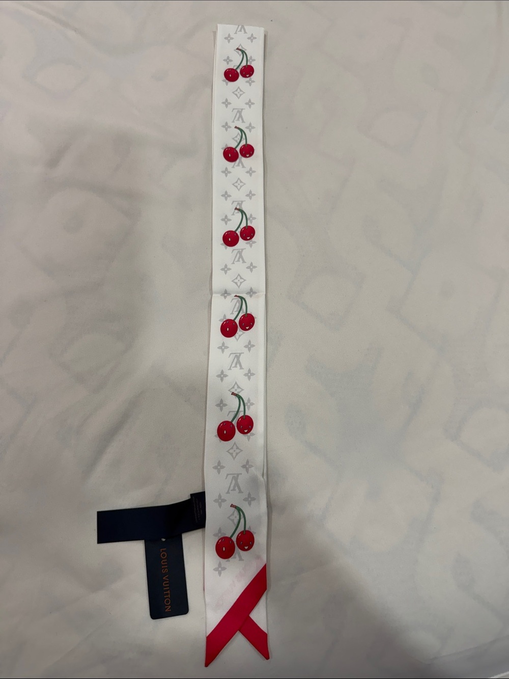Louis Vuitton White Silk Twilly with Red Cherry Print and Red Tip